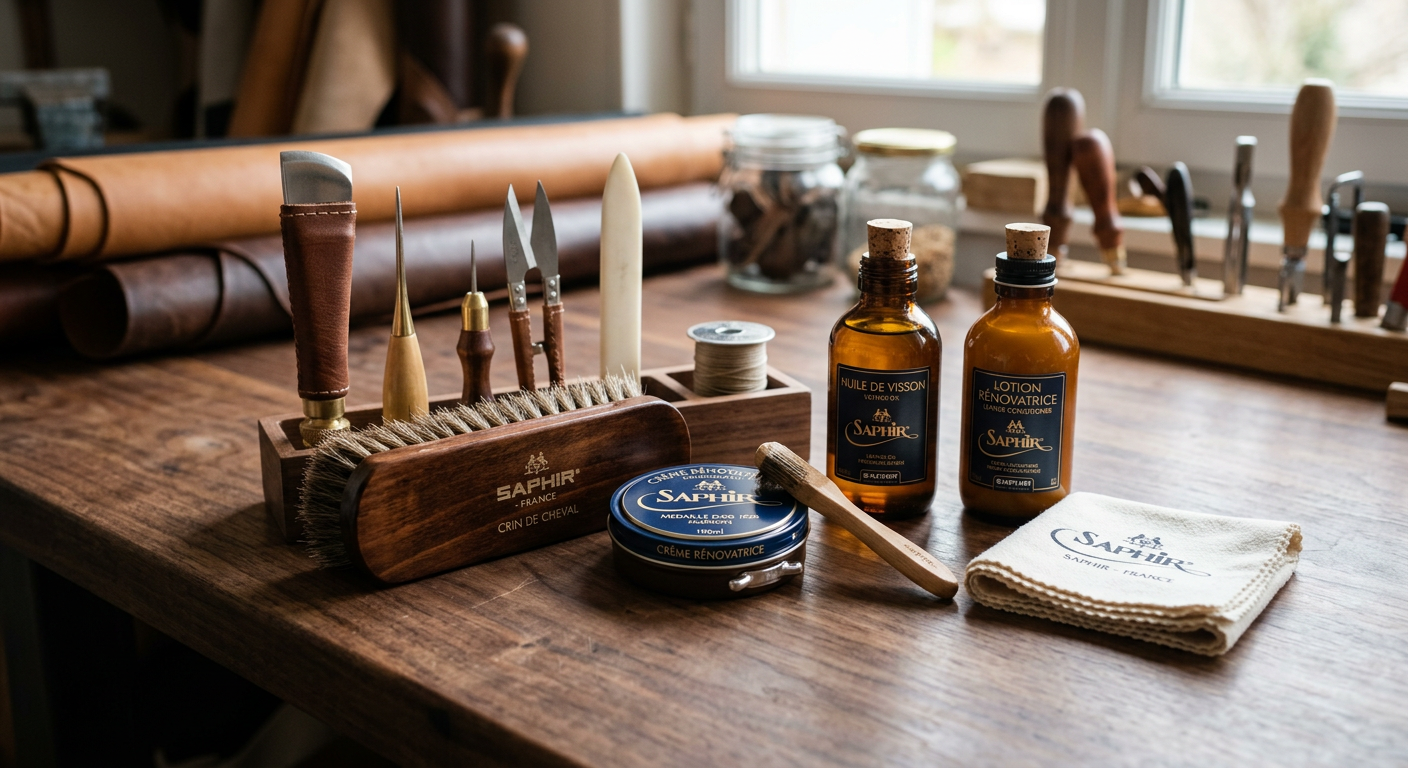 Outils d'entretien cuir disposés élégamment